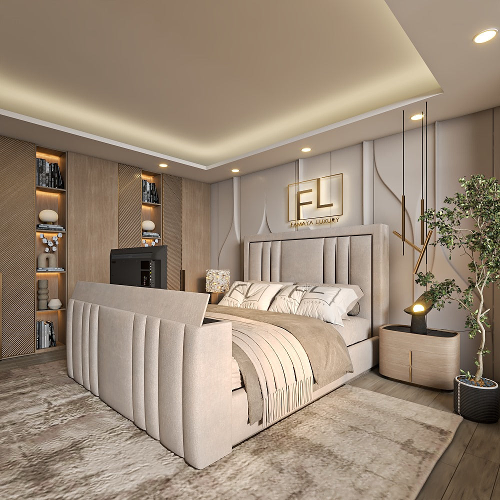 Luxurious bedroom with beige dorchester TV bed frame, built-in illuminated shelves, and elegant decor.