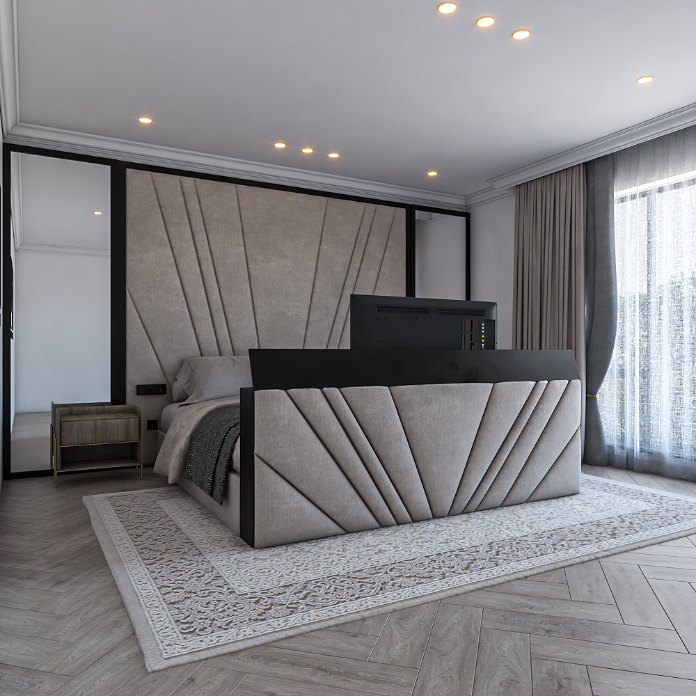 The Freya Tv foot designer TV bed in grey, bold panelled footboard and elegant contemporary room setting