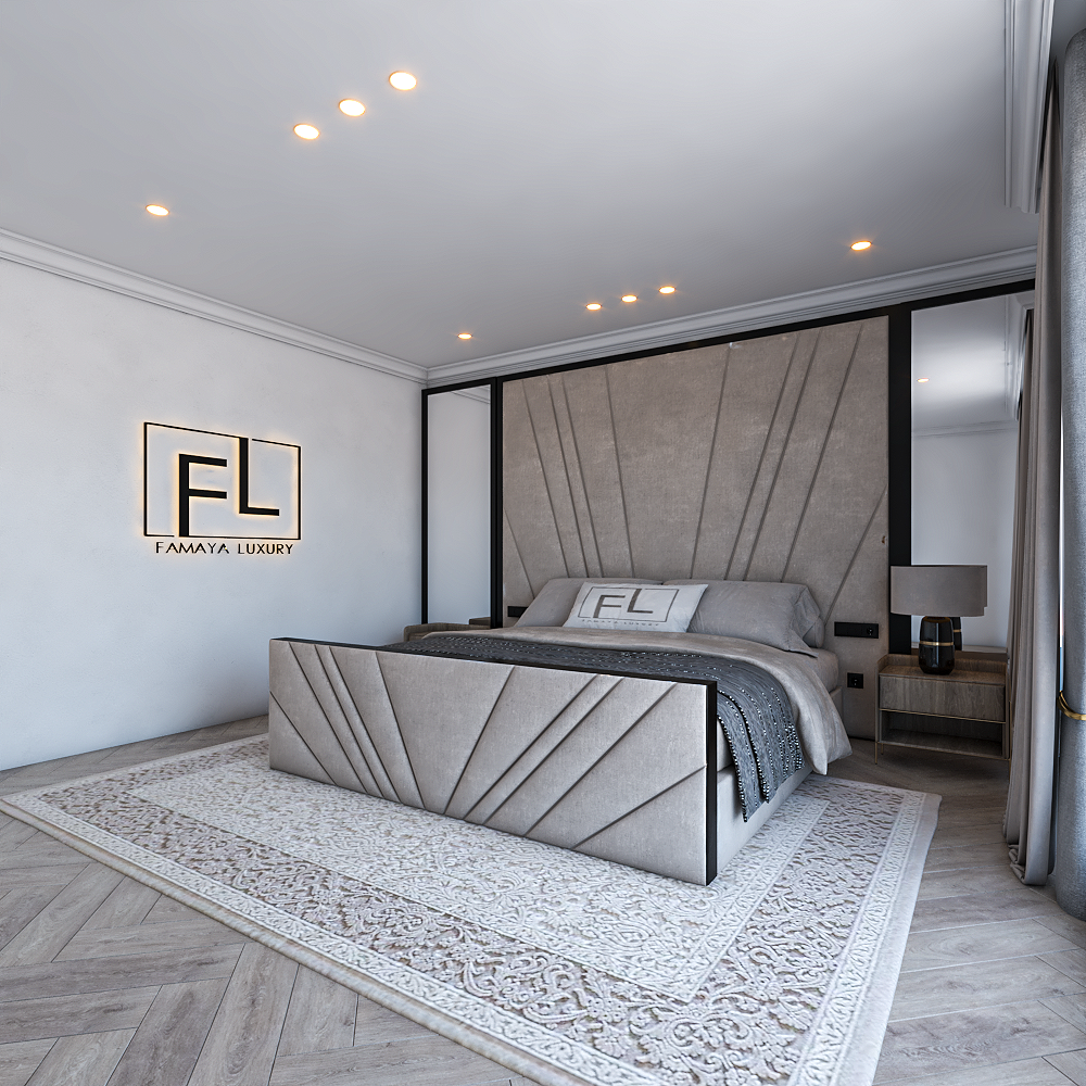 The Freya Tv foot contemporary upholstered TV bed, structured footboard panels and minimalist luxury vibe