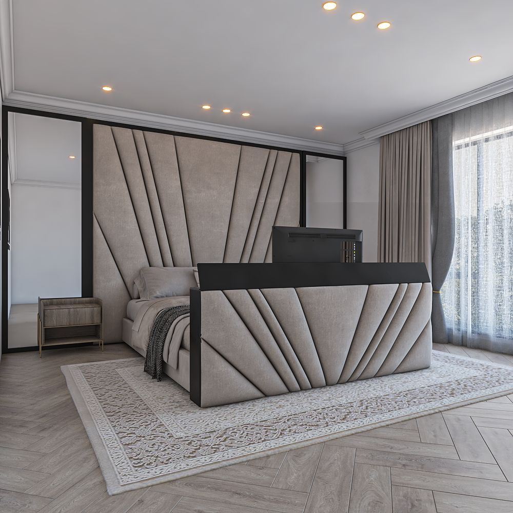 Modern bedroom with upholstered Freya wall panel TV footend.