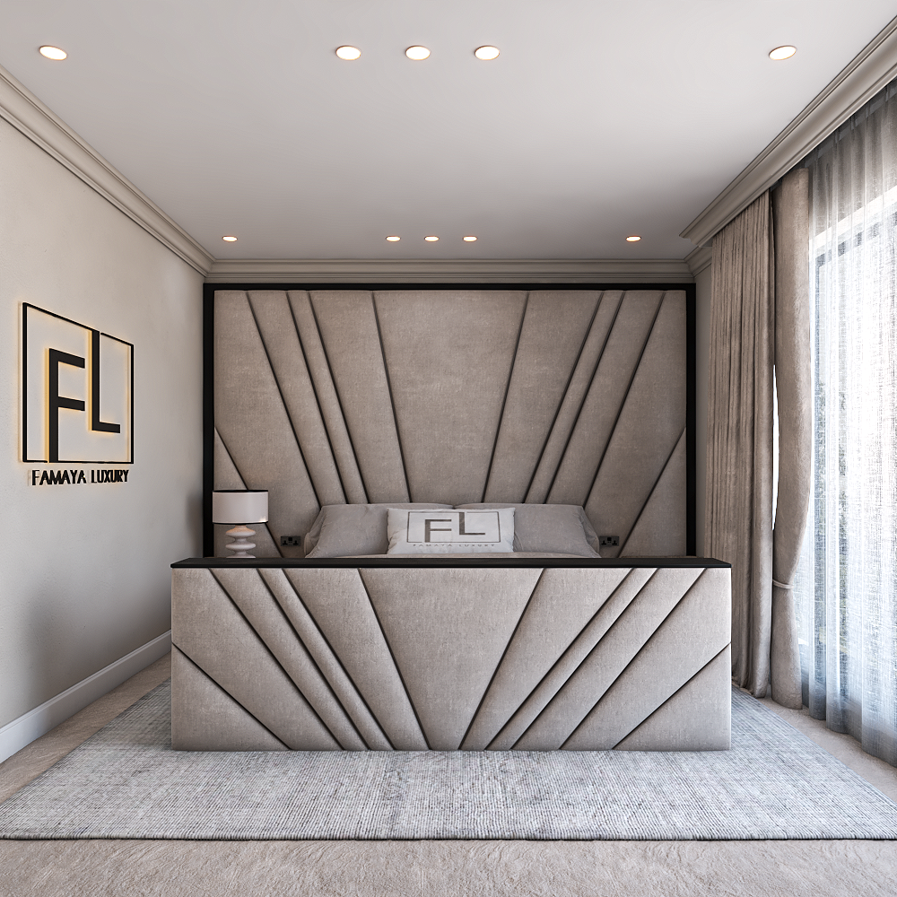 The Freya Tv foot luxury upholstered TV bed with geometric footboard and modern headboard in a stylish bedroom