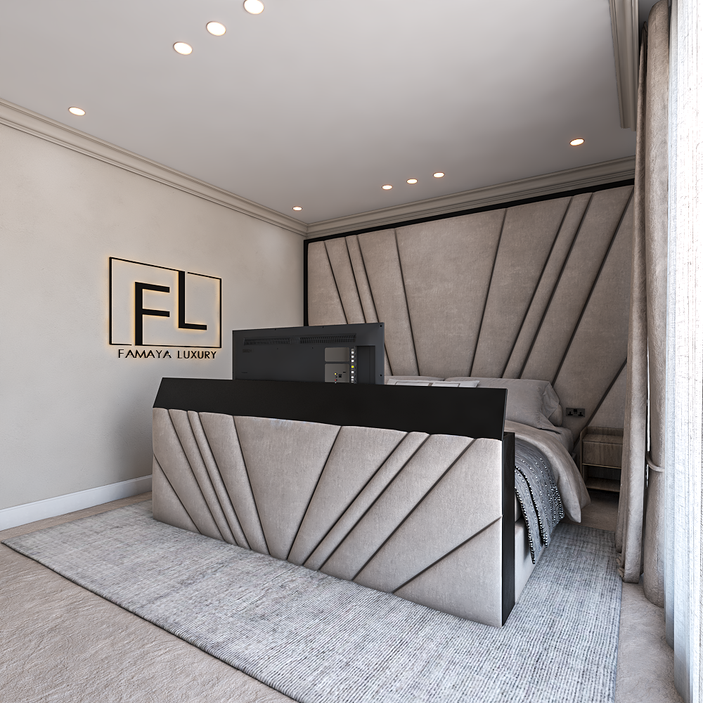 The Freya Tv foot grey fabric TV bed featuring bold panelled headboard and elegant footboard design