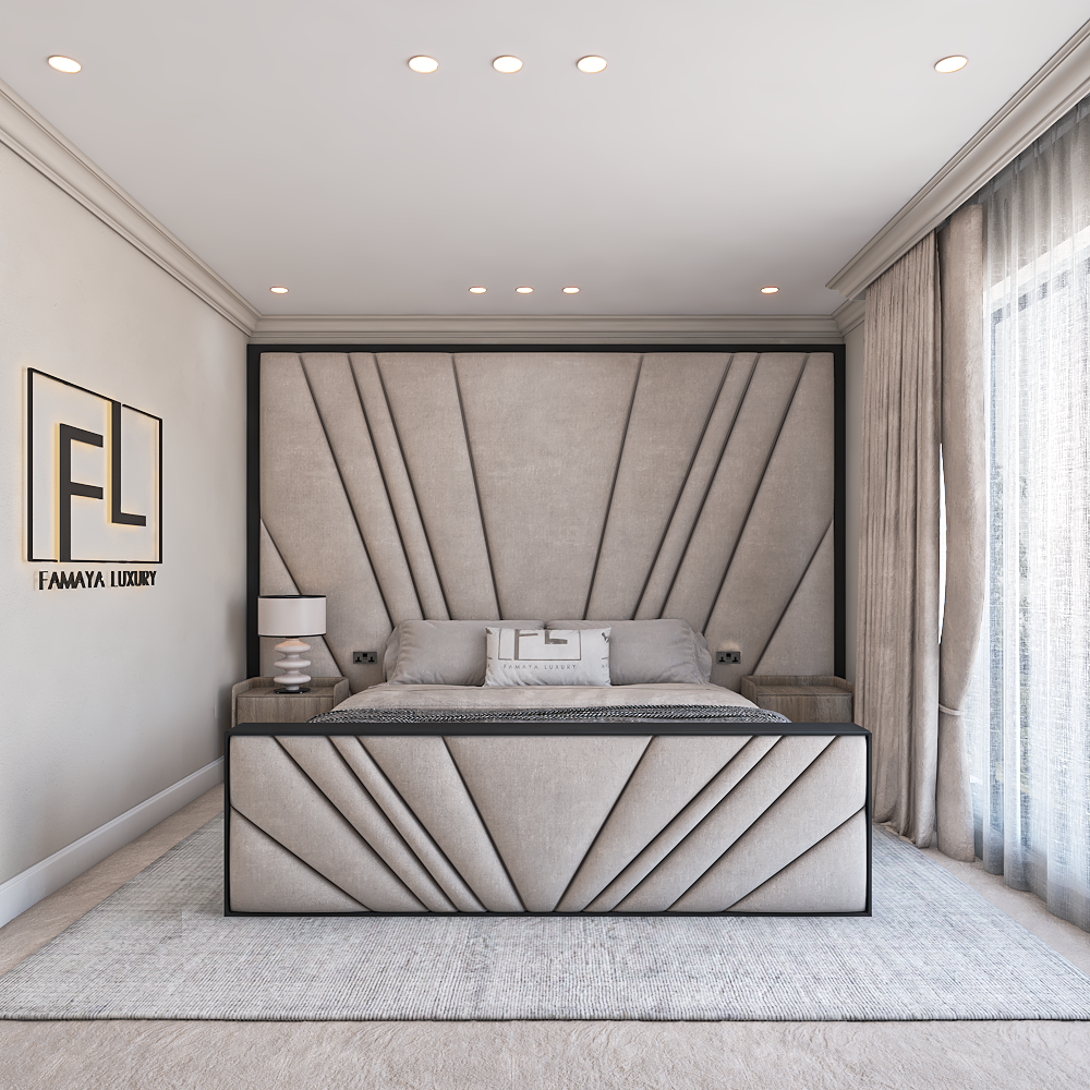 Luxurious bedroom with a grand upholstered The Freya noir designer footend bed featuring a sunburst design.