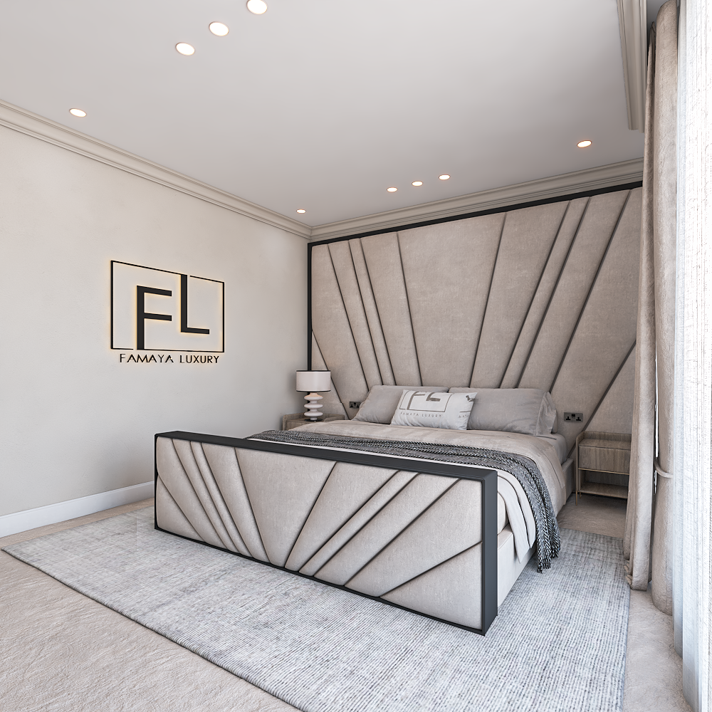 TheFreyanoirdesignerfootend bed in a modern bedroom, featuring a large upholstered headboard and footend with a unique geometric pattern and black trim.