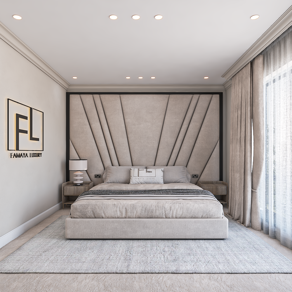 Modern bedroom with gray upholstered Freya noir low foot, geometric headboard, and Famaya Luxury logo.