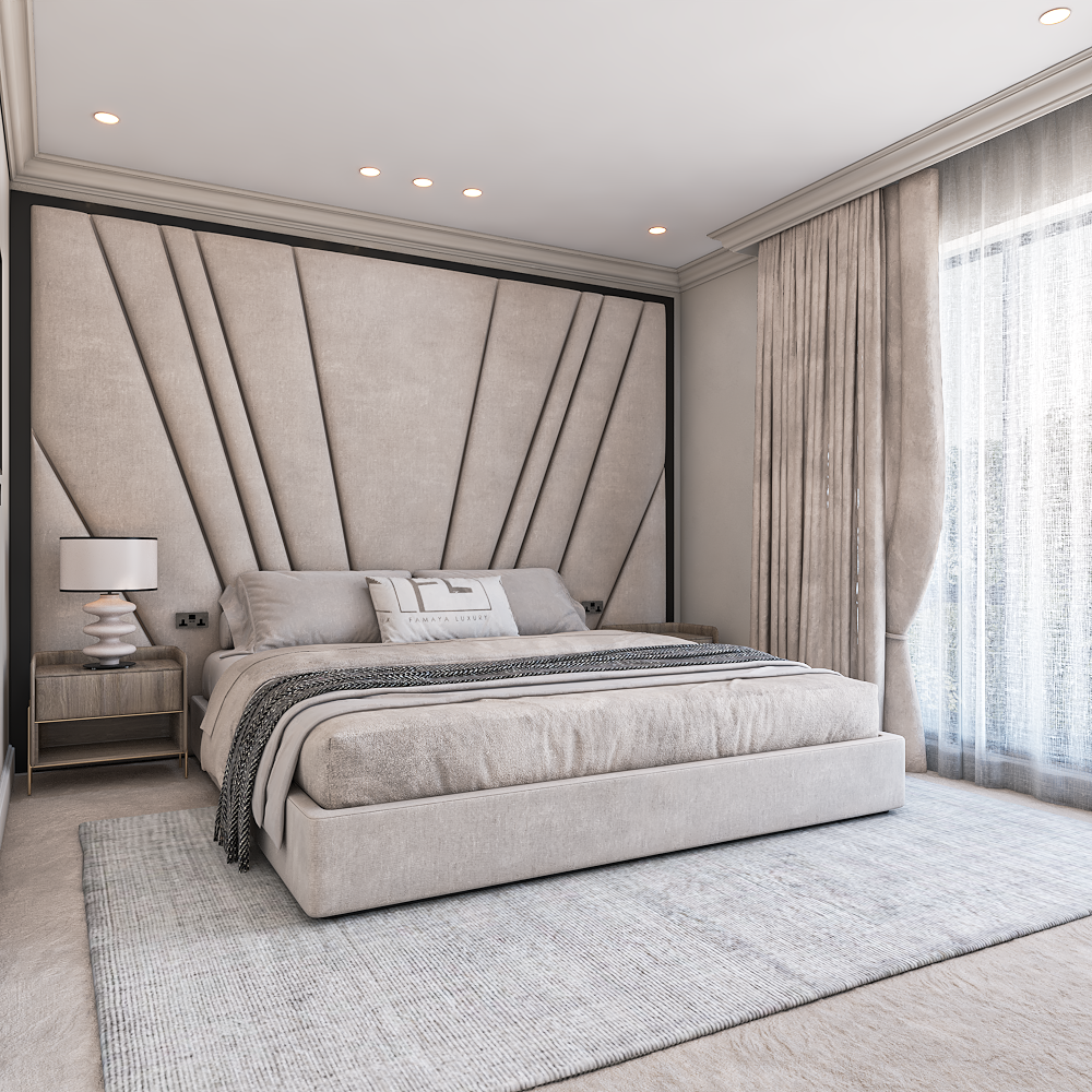 A high-style bedroom features a beige platform bed with “TheFreyanoirlowfoot,” along with an oversized upholstered headboard.