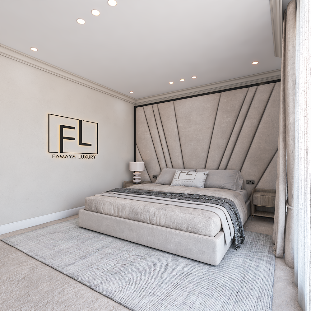 TheFreyanoirlowfoot bed in a luxurious bedroom setting with a textured headboard and soft, neutral tones.