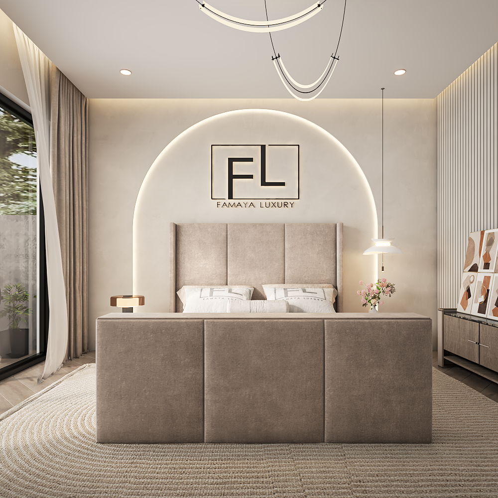 The Harrogate tv bed with beige upholstered frame and tall panel headboard in a modern luxury bedroom