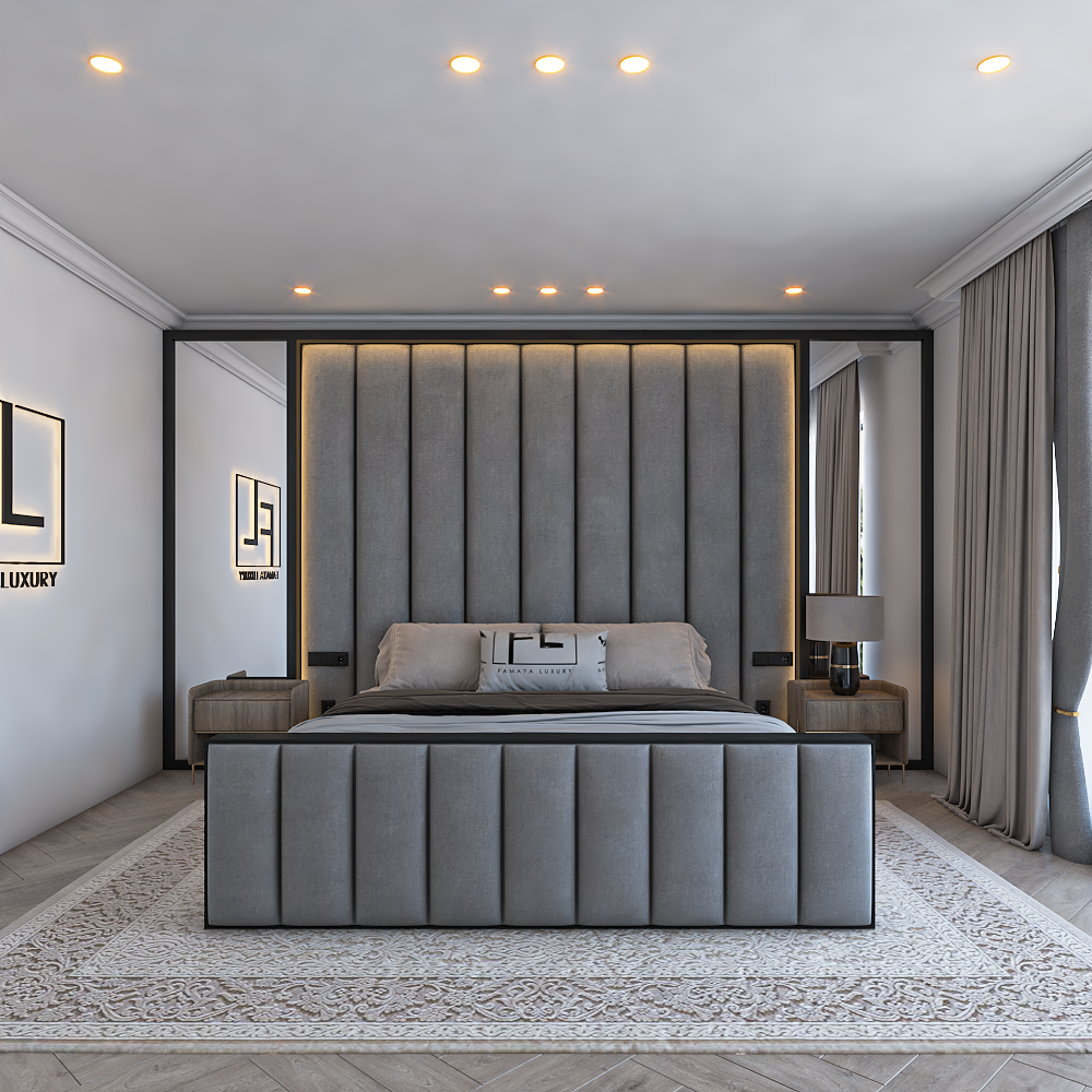 Modern bedroom featuring The Lumière Grand Wall Panel Bed Frame high foot board, flanked by wooden nightstands.