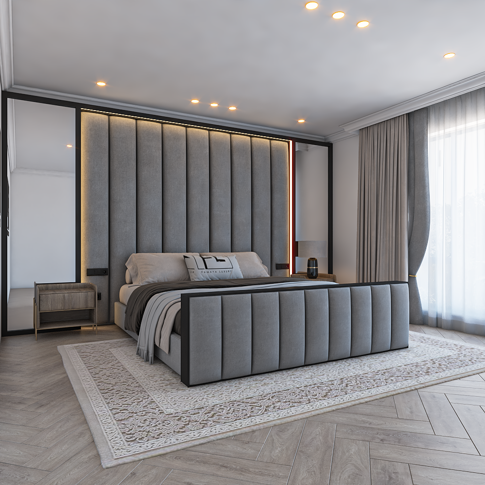 Modern bedroom with a gray tufted bed frame, The Lumière Grand Wall Panel Bed Frame High Foot, and wooden flooring.