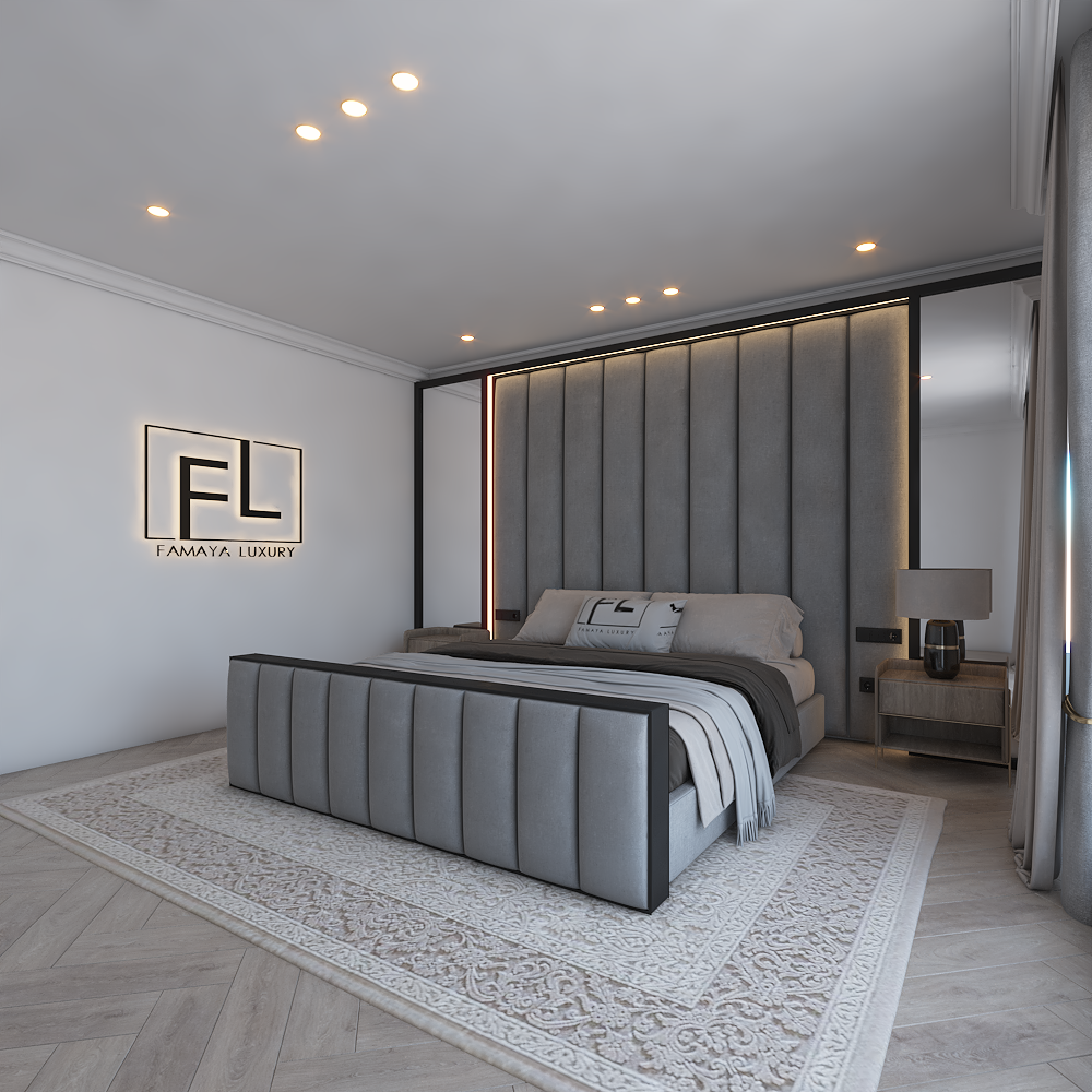 Modern bedroom with a high-foot, gray upholstered bed, The Lumiere Grand Wall Panel Bed Frame High Foot, and illuminated brand logo on the wall.