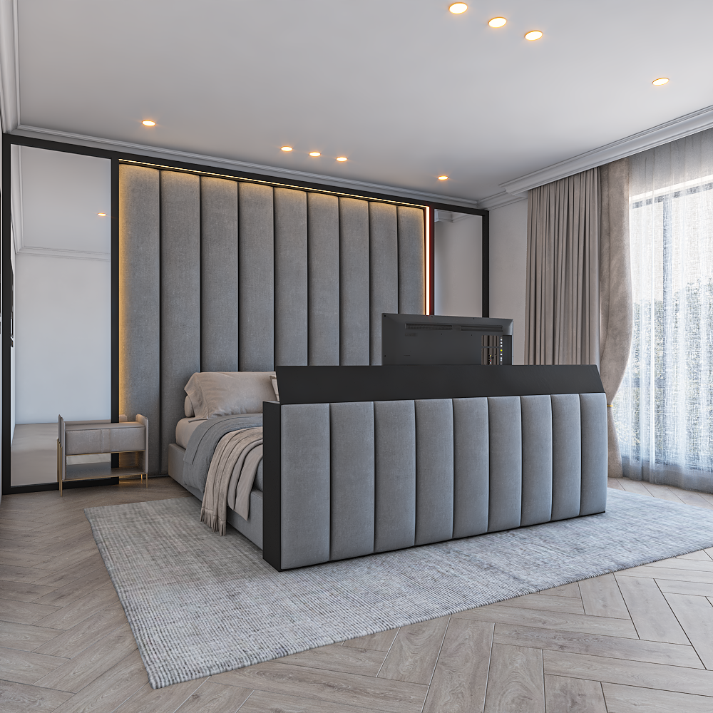 Modern bedroom with a gray upholstered Lumiere Grand Wall Panel Bed Frame Tv Foot End .