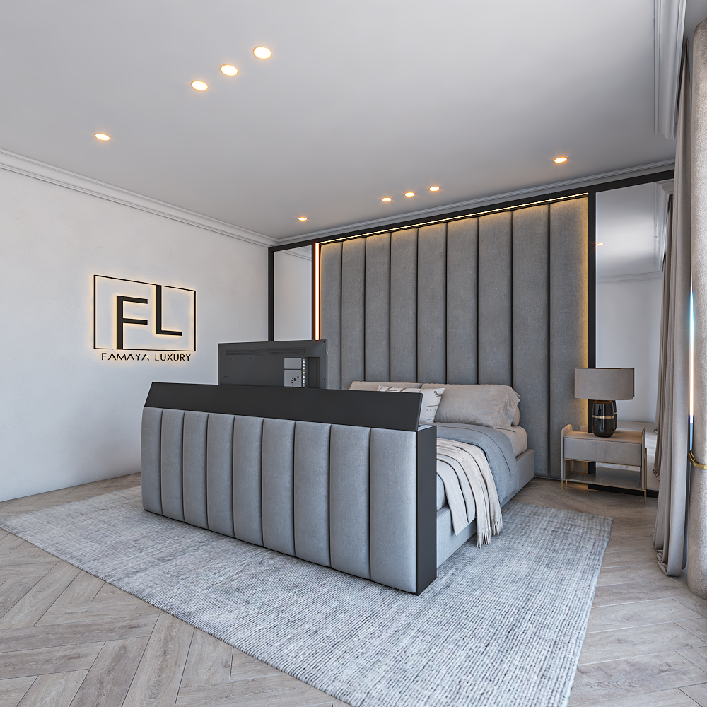 Modern bedroom with a gray Lumiere Grand Wall Panel Bed Frame Tv Foot End, large cushioned headboard, and minimalist decor.