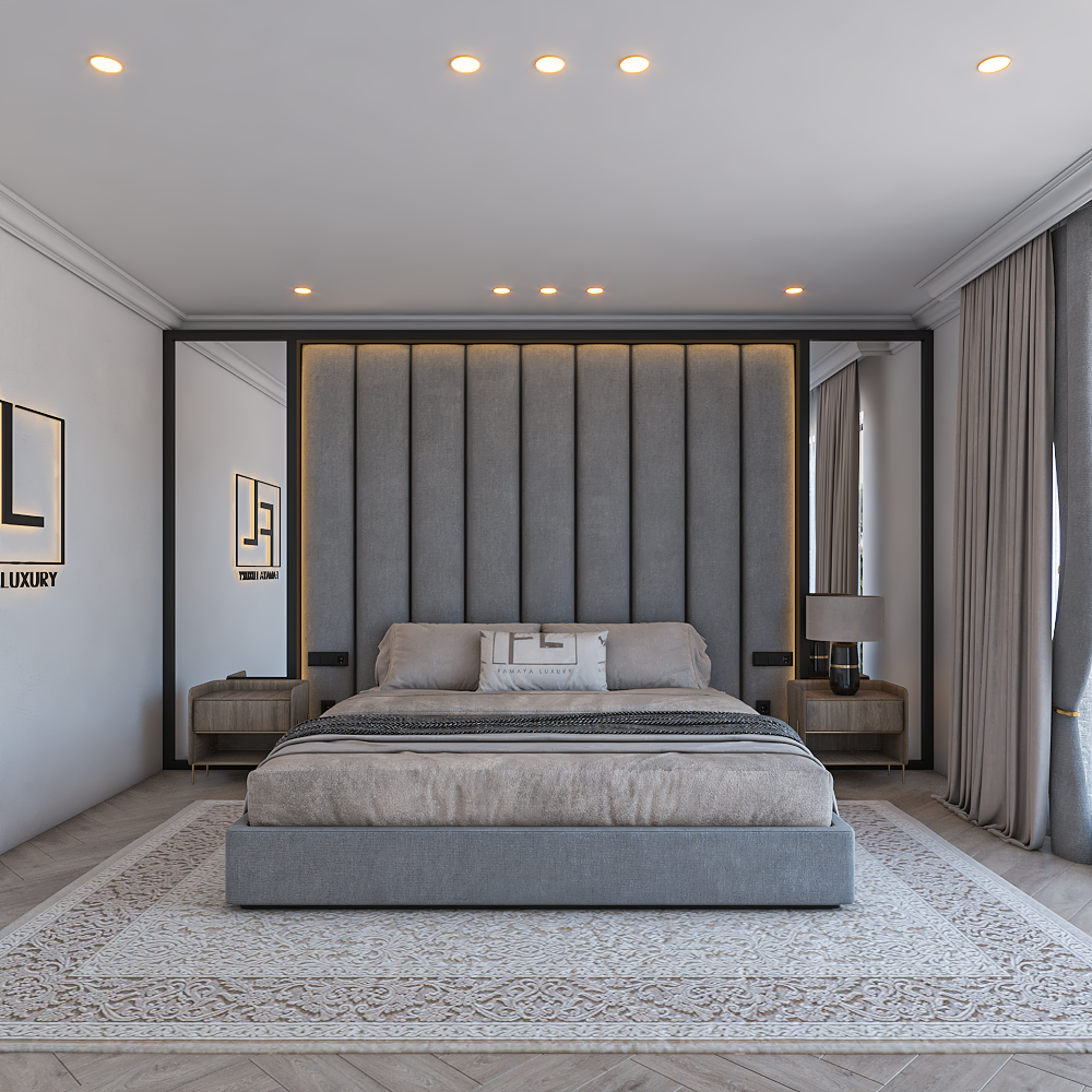 A bedroom with The Lumière Grand Wall Panel Bed Frame Low Foot, tall upholstered headboard, and matching nightstands.