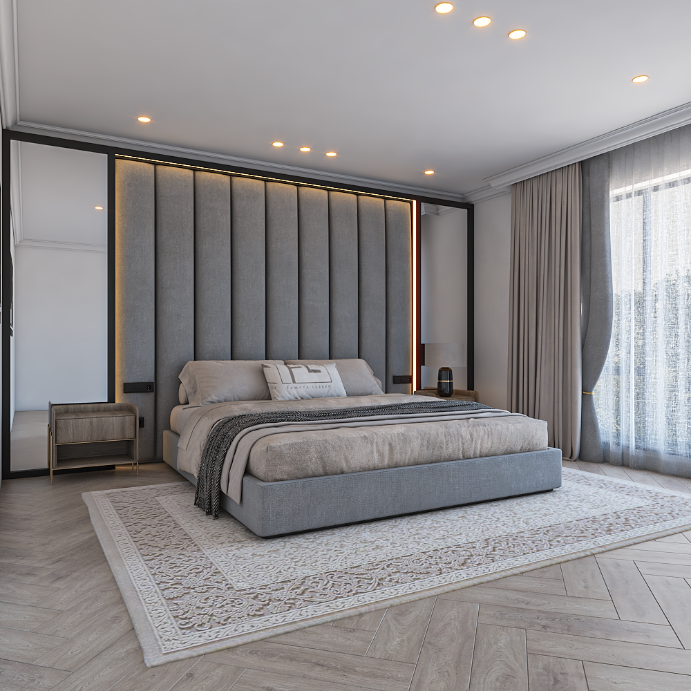 Modern bedroom with a grey The Lumiere Grand Wall Panel Bed Frame low Foot, light-colored rug, and sheer curtains.