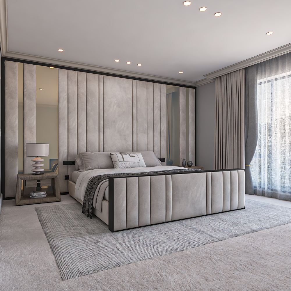 A digitally rendered image showcases a modern bedroom with a light Noir Designer Foot end bed as the central focus.