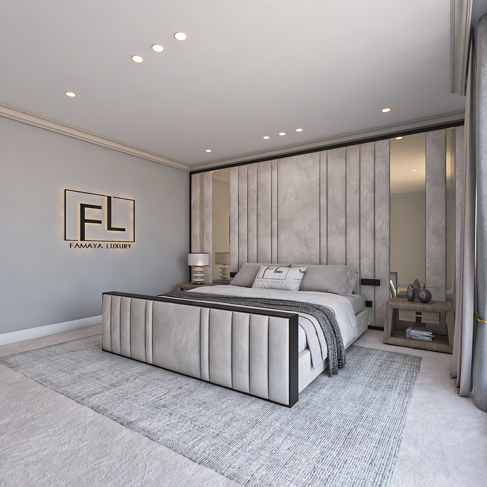 A modern, stylish bedroom interior showcasing a Noir Designer Foot end bed with a light gray upholstered headboard.