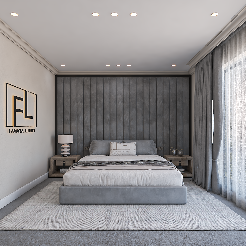 The image depicts a modern bedroom featuring a gray color palette. A large Stella Wall Panel Bed Frame with a gray upholstered headboard.