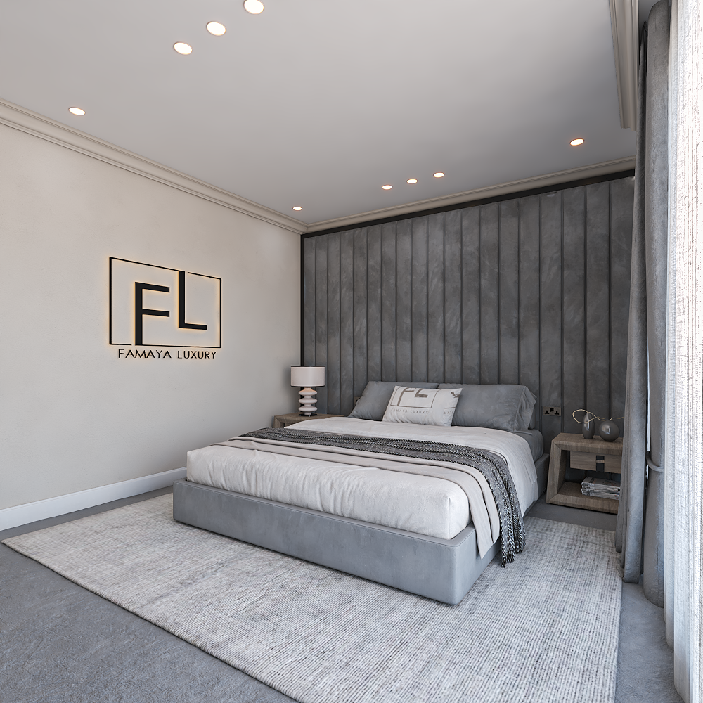 The room features a large Stella Wall Panel Bed Frame with a gray upholstered frame and neatly arranged bedding.