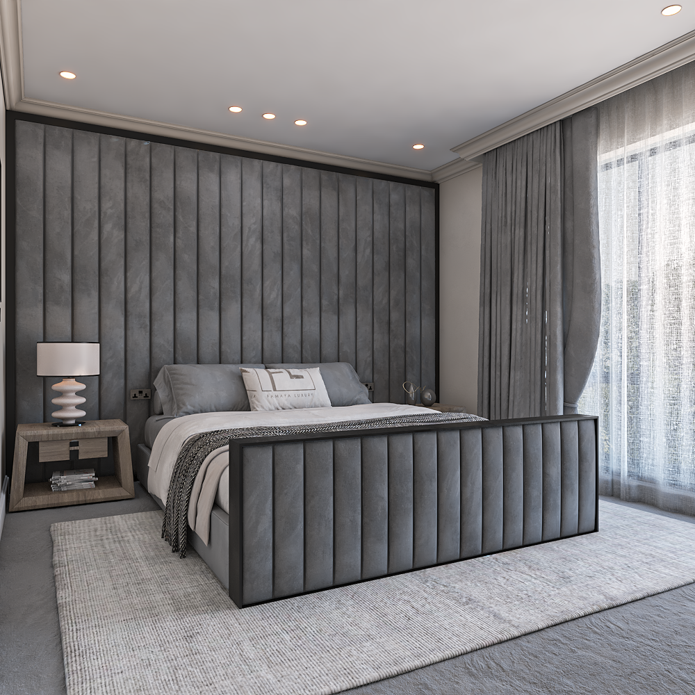 The centerpiece is a plush Stella Wall Panel Bed Frame high foot bed with a striking upholstered headboard.