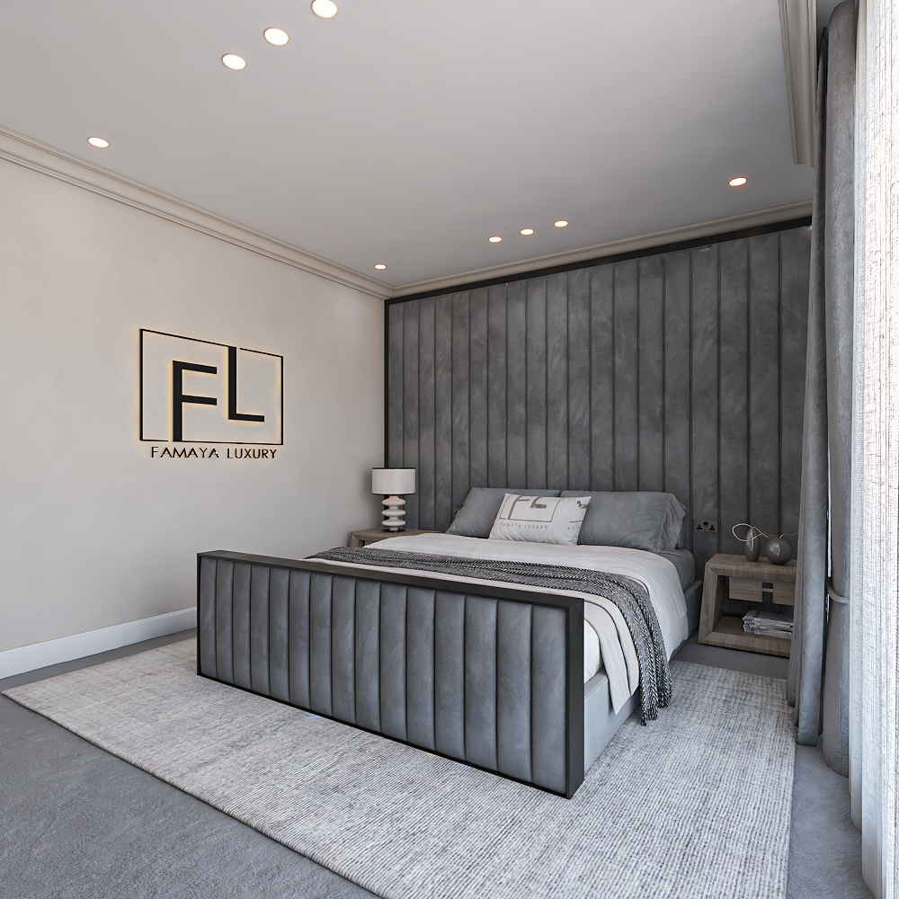 The image shows a modern bedroom with a sleek design. It features Stella Wall Panel Bed Frame high foot bed with a gray upholstered headboard, adorned with neutral bedding.