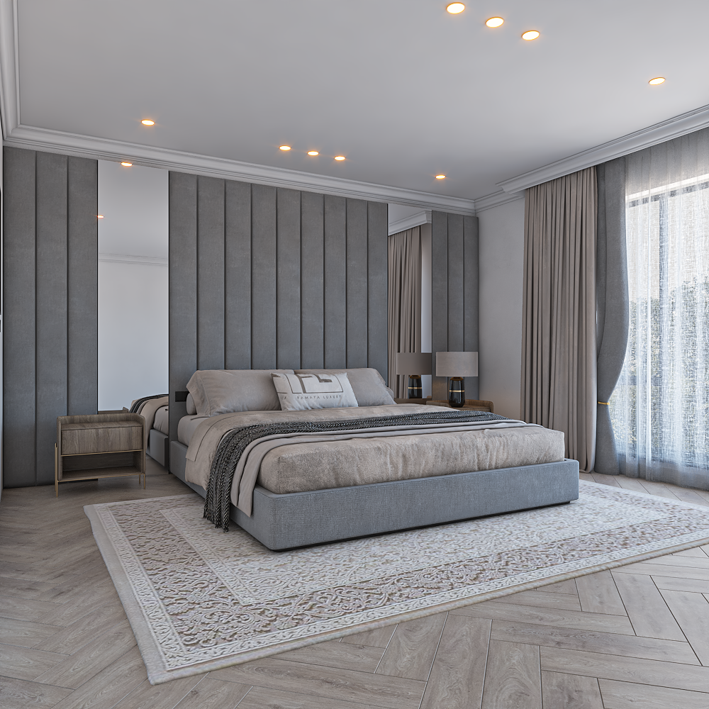 A modern bedroom featuring The Amaya Wall Panel Bed Frame with grey upholstery and integrated wall panels.