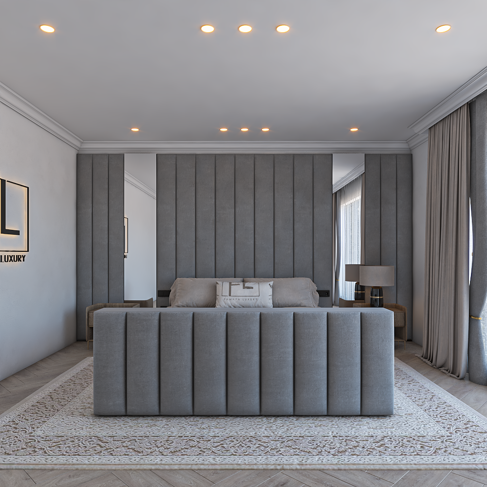 A modern living space with a gray upholstered sofa, Amaya Wall panel TV Footend, and large draped window.