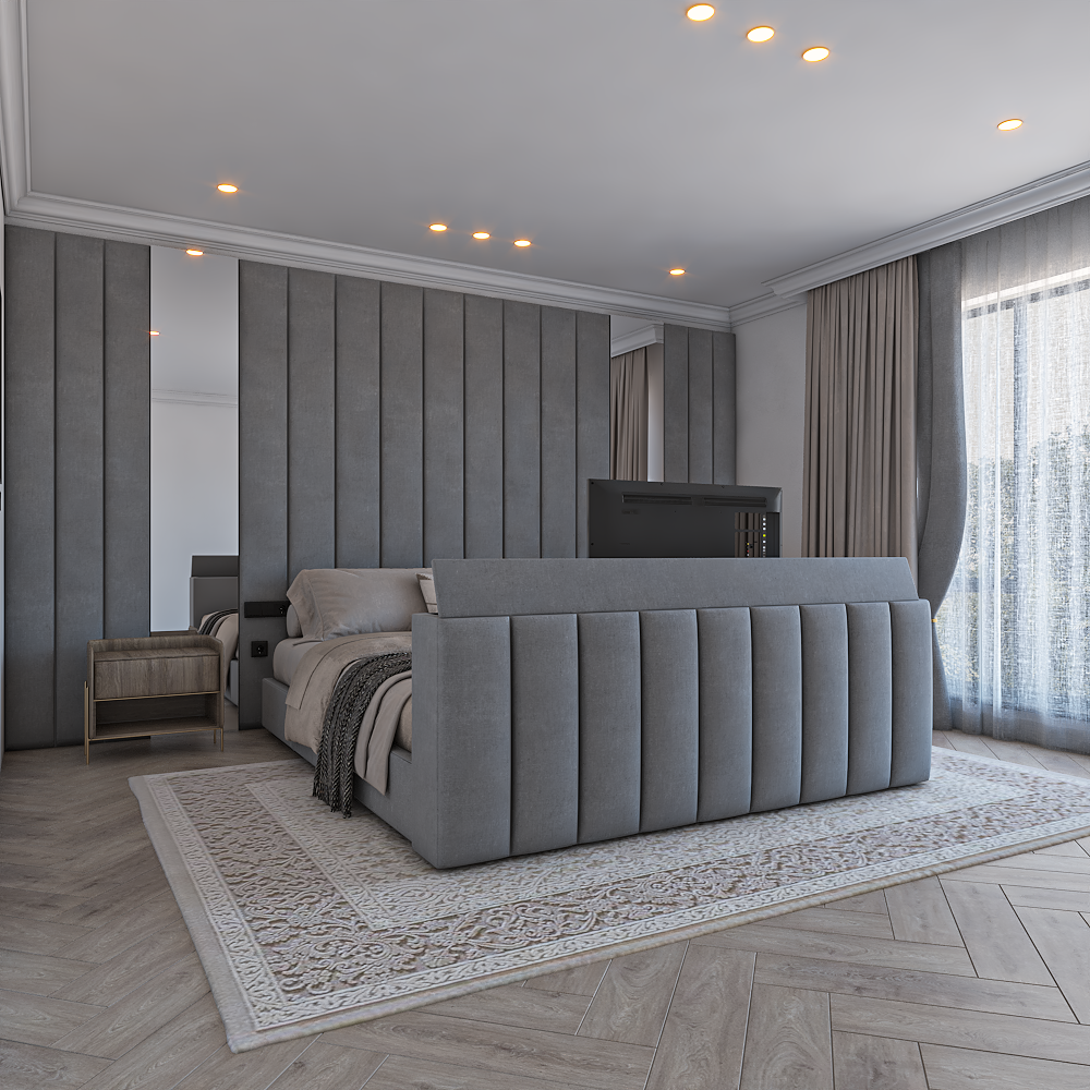 Modern bedroom with a gray upholstered Amaya wall panel tv footend, TV footend panel, and patterned rug.