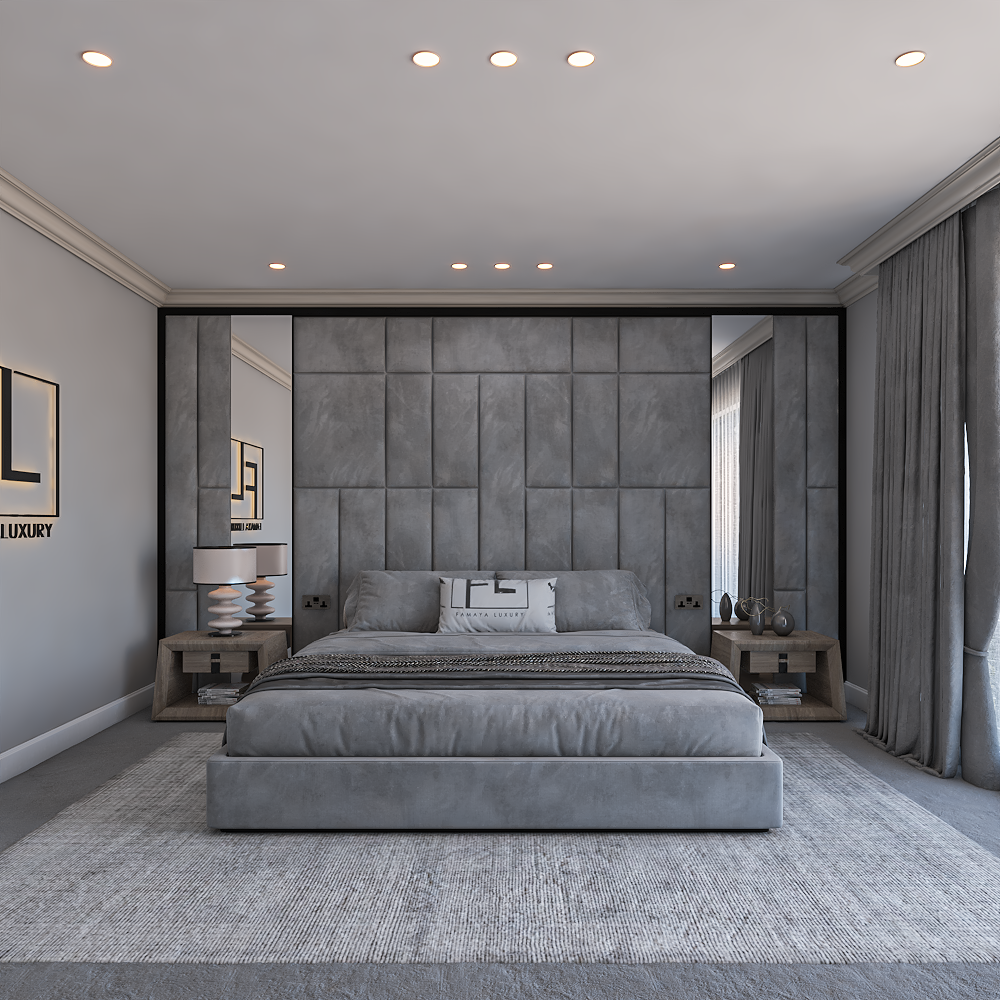 Modern bedroom with a grey the atlantis upholstered headboard, plush bedding, and wooden nightstands.