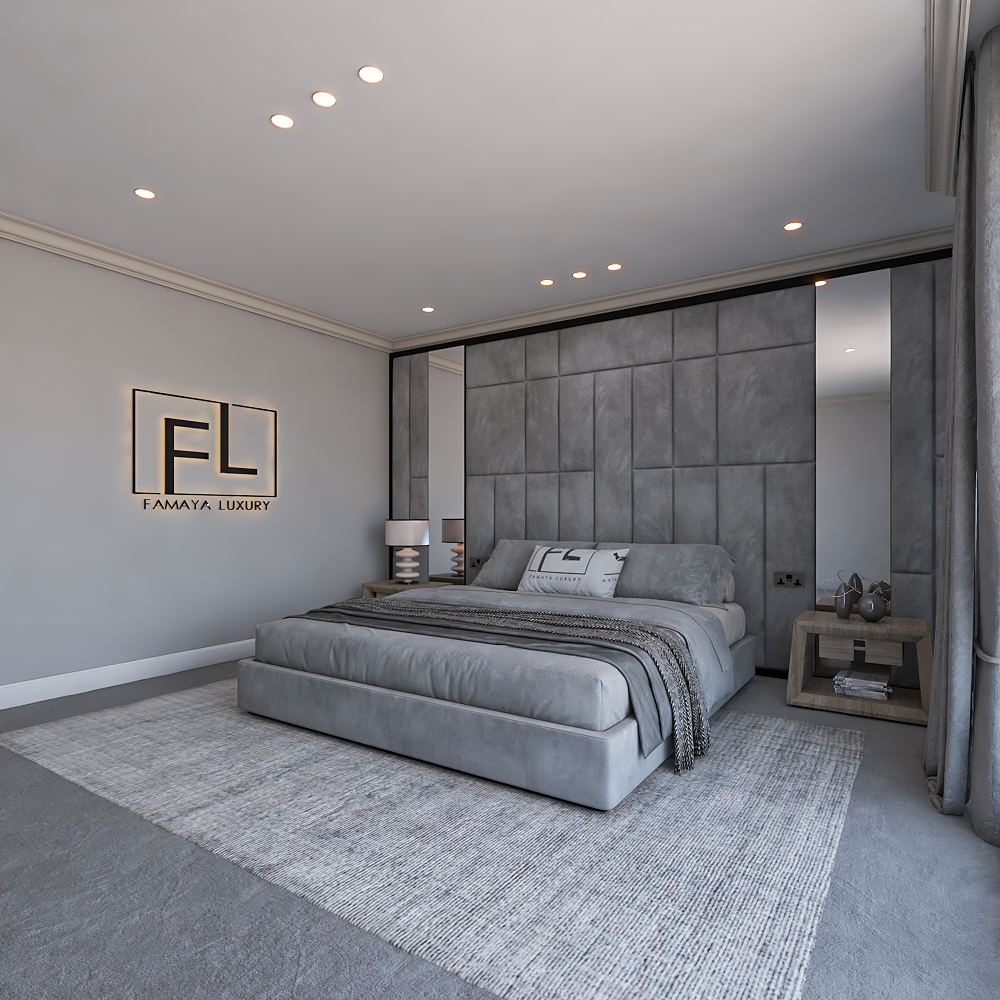 Luxurious modern bedroom with a large grey atlantis bed, textured panel wall, and "FL FAMAYA LUXURY" sign.
