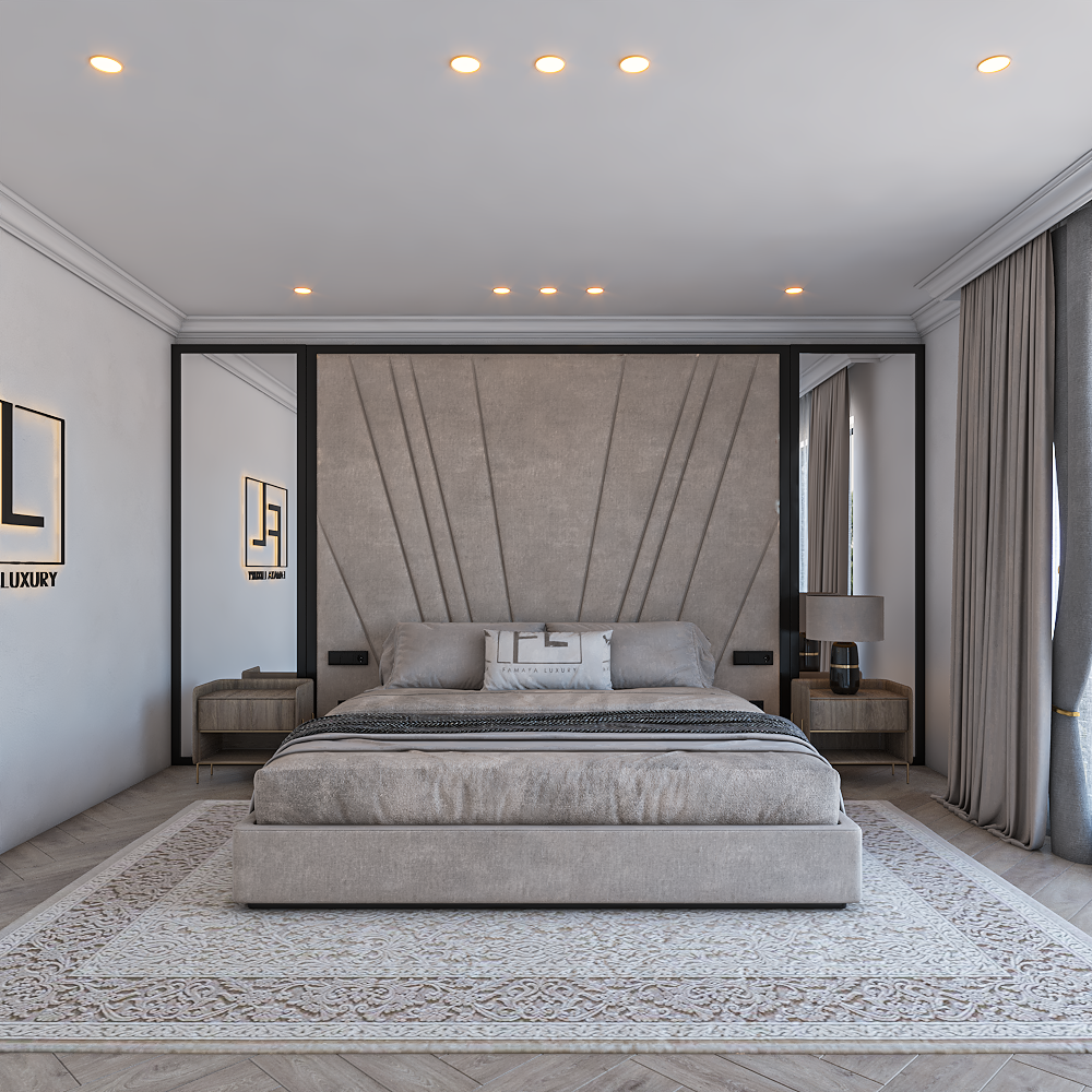 A modern bedroom with a freya wall panel bed featuring a large wall panel headboard, nightstands, and decorative elements.