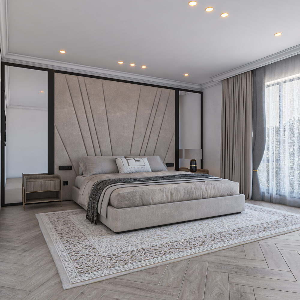 Modern bedroom with a Freya Wall Panel Bed Frame and elegant decor.