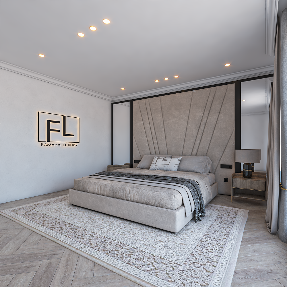 Luxurious bedroom with a geometric freya wall panel bed frame and muted gray tones.