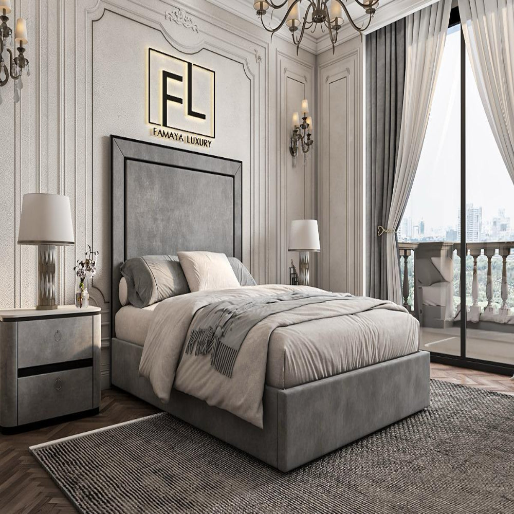 Luxurious bedroom with an elegant gray Lapita piped bed frame and an ornate design.