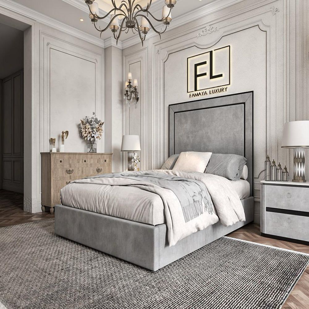 A luxurious bedroom featuring The Lapita piped bed frame.