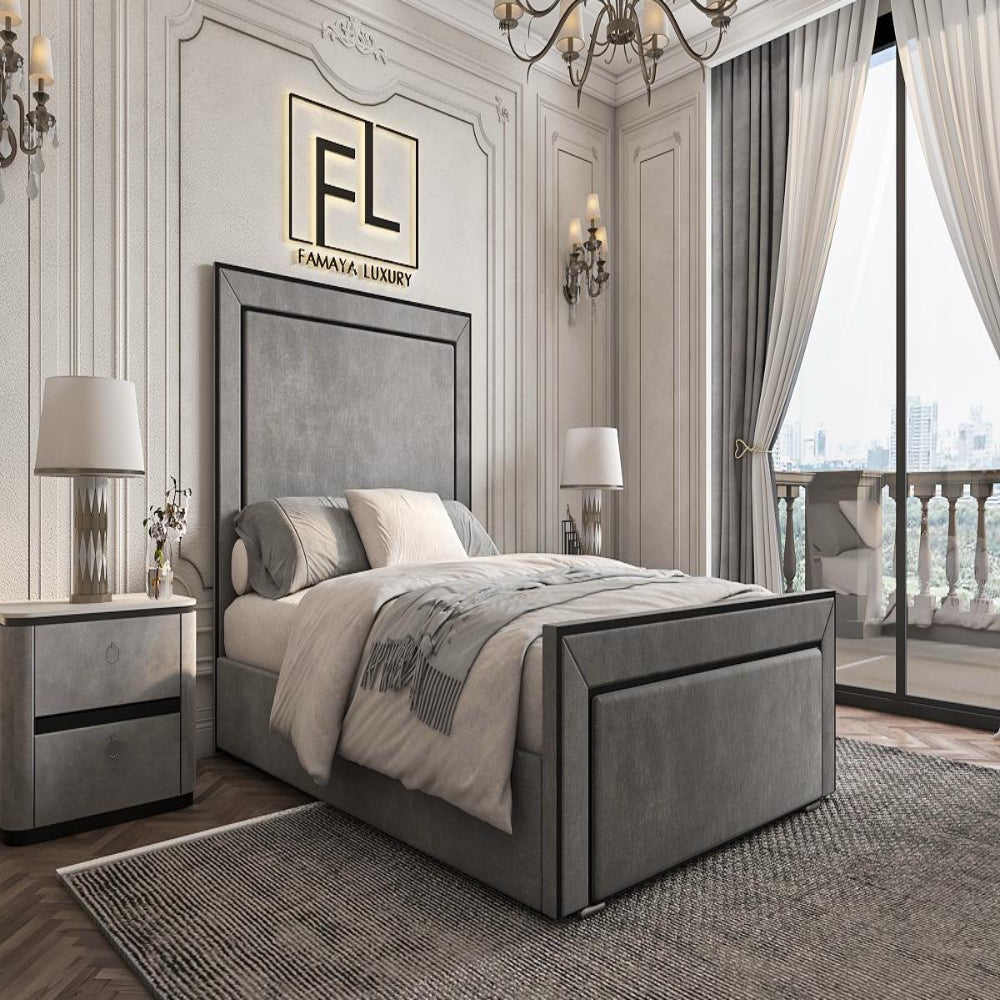 Luxurious bedroom with The Lapita piped bed frame and elegant decor.