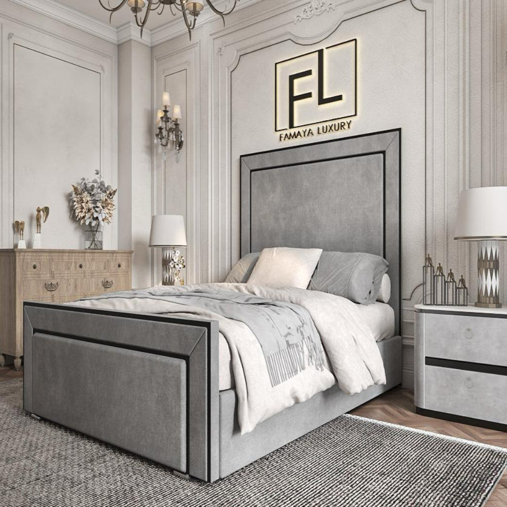 Luxurious bedroom with The Lapita piped bed frame, elegant decor.