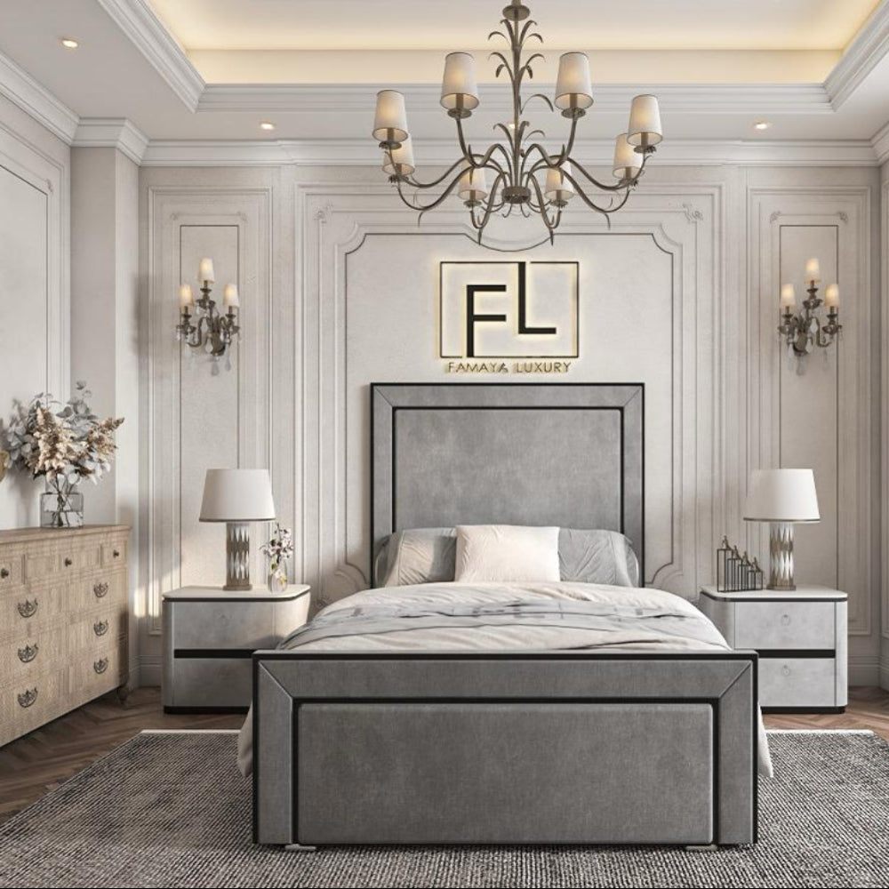 A luxurious bedroom featuring The Lapita piped bed frame with gray upholstery and elegant decor.