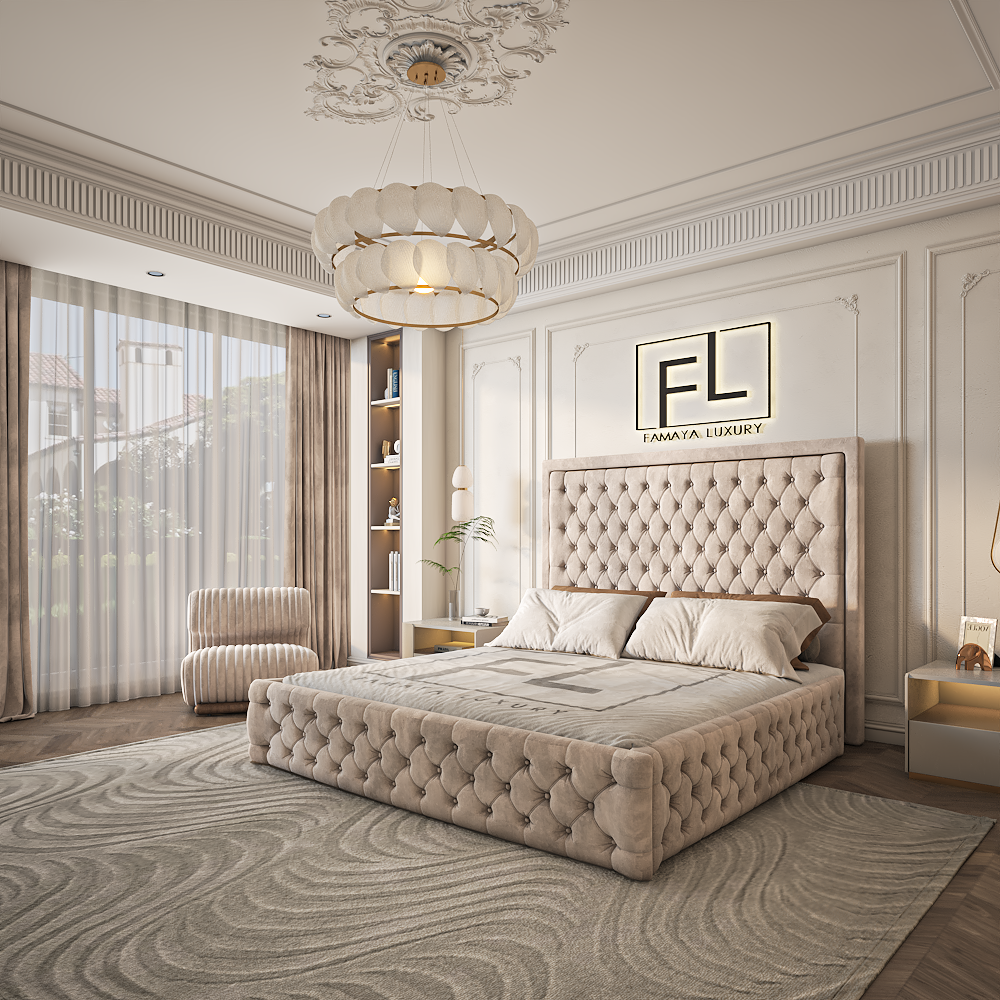 The Salvador Bed Frame with luxury upholstered finish, quilted headboard and footboard, styled in a refined modern interior.