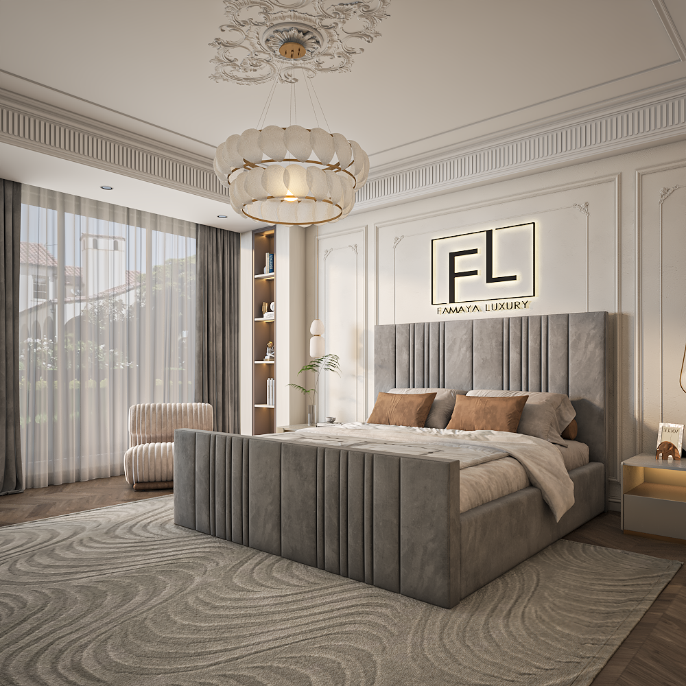 The Randoma Split Bed Frame High Foot featuring soft upholstered finish, high-end design, and elegant contemporary bedroom look.