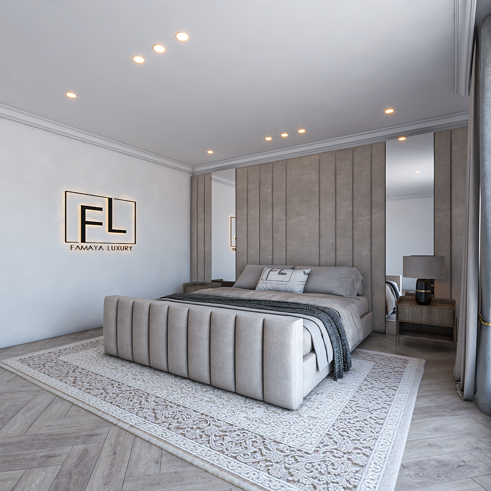 Luxury upholstered bed with vertical panel headboard, plush beige fabric and elegant bedroom styling