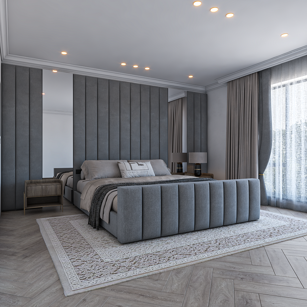 Modern high-foot upholstered bed in neutral tones with soft lighting and premium bedroom décor