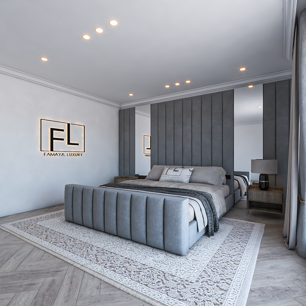 Designer fabric bed frame with tall panel headboard, padded footboard and refined luxury finish