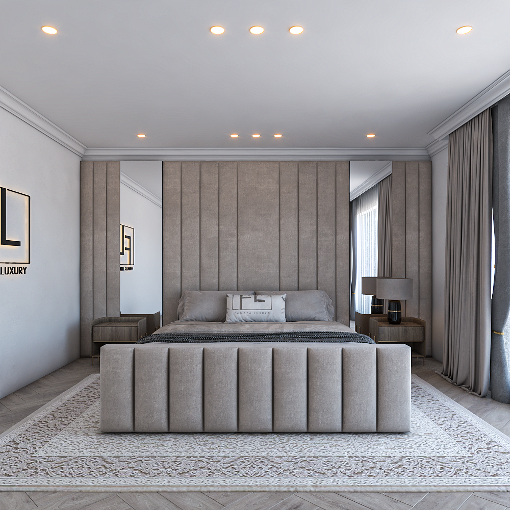High-end upholstered bed featuring structured footboard design and elegant modern bedroom layout