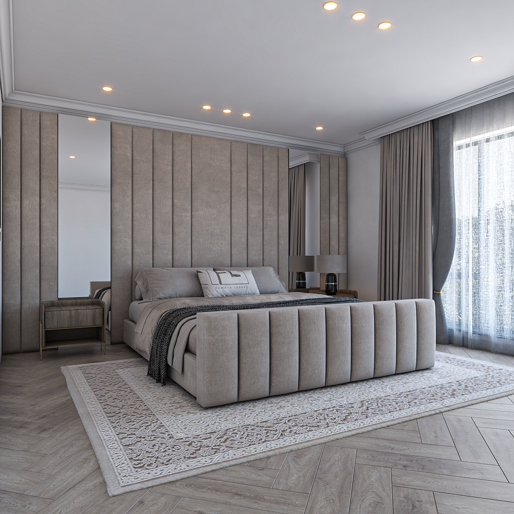 Stylish luxury bed with padded vertical panels, neutral fabric tones and premium interior design