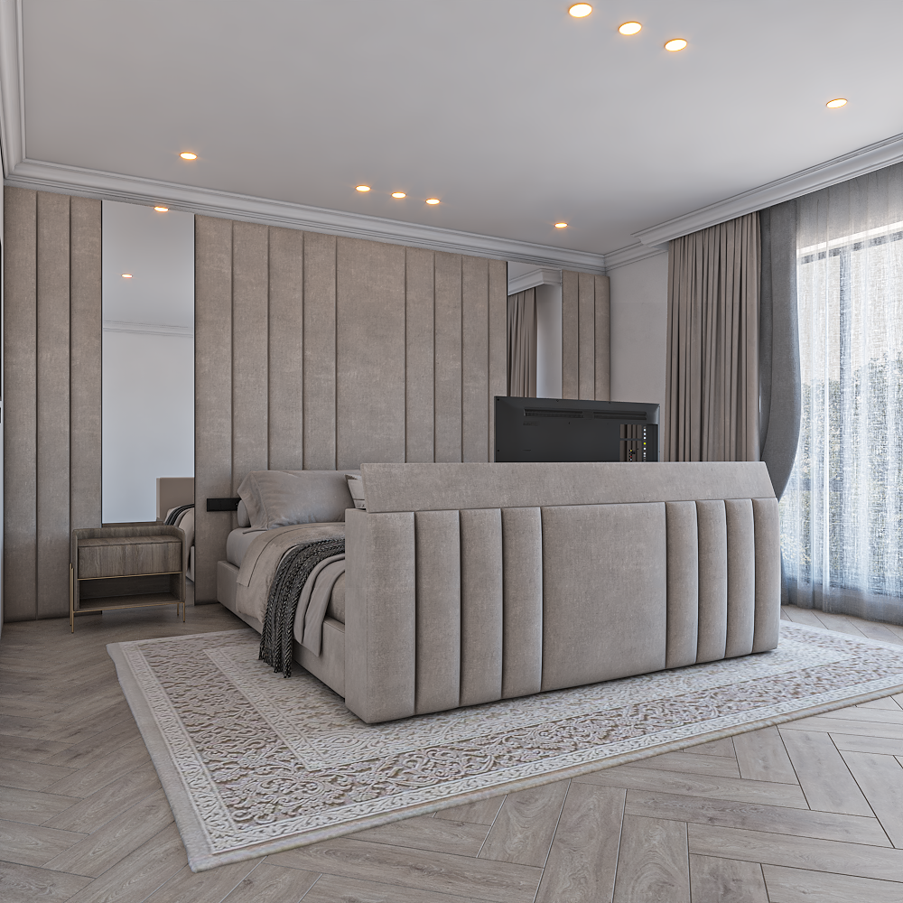 The Amore Bed Tv Foot modern TV bed featuring soft fabric upholstery, padded footboard design and refined contemporary interior