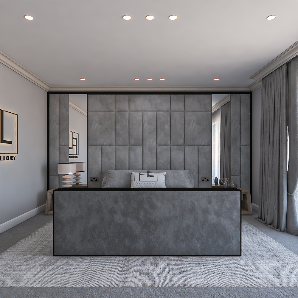 Luxury grey upholstered TV bed with paneled headboard and smooth footboard in a modern bedroom setting