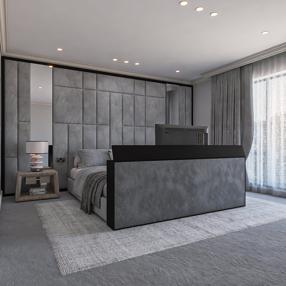 Modern grey TV bed featuring geometric wall panels, soft upholstery and elegant hotel-style bedroom design