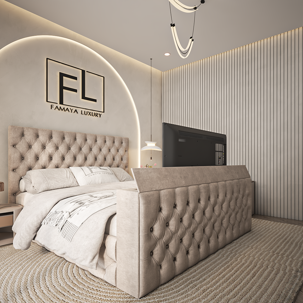 The cristal tv bed luxury TV bed with tufted headboard and upholstered footboard in a modern bedroom setting