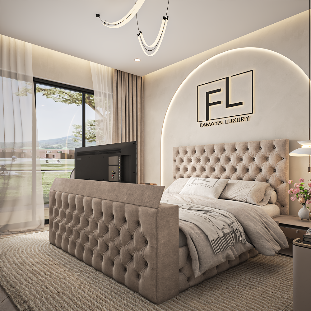 The cristal tv bed upholstered TV bed showing hidden TV lift and elegant tufted fabric design